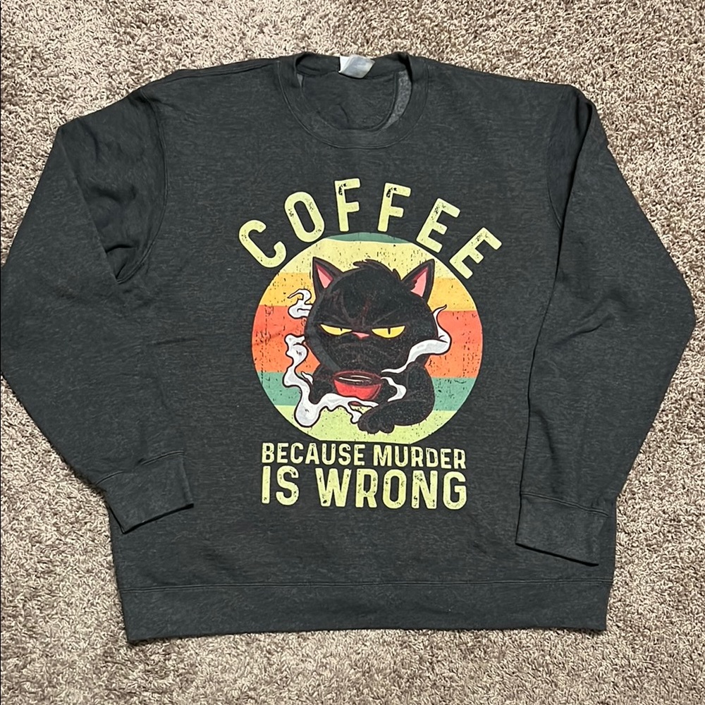 NWOT Port and Company Dark Graphic Coffee Cat Sweatshirt